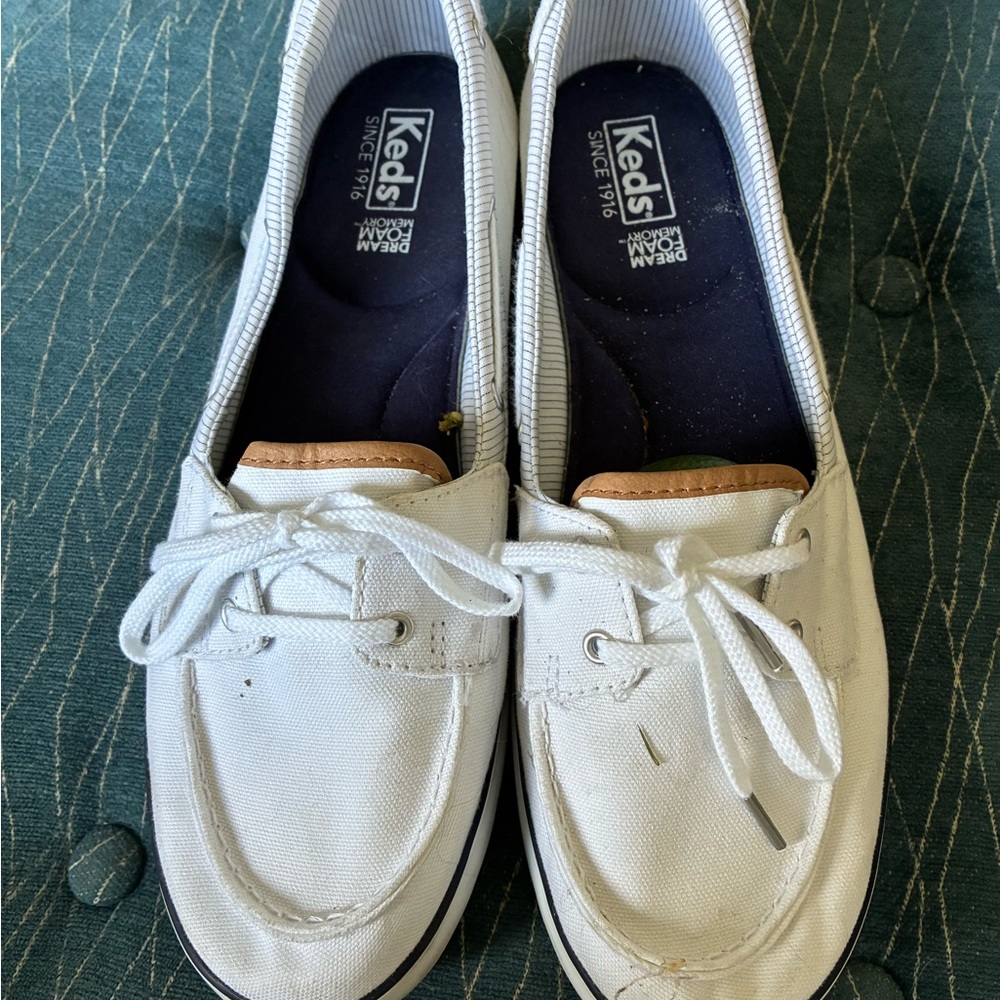 Keds White Canvas Lace-Up Boat Sneakers with Navy Insole